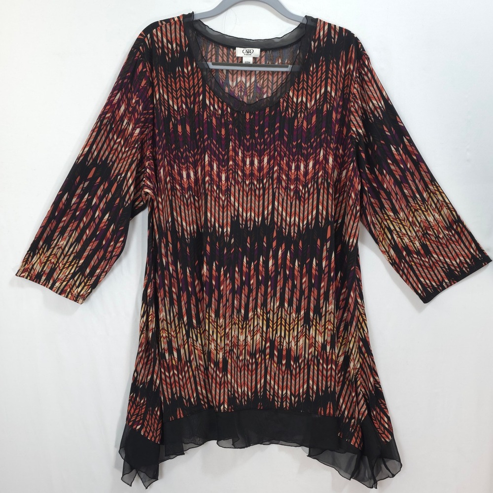 Cato Tunic Sharkbite Sheer Hem Multicolor Brown Women 22/24W Boho Geometric